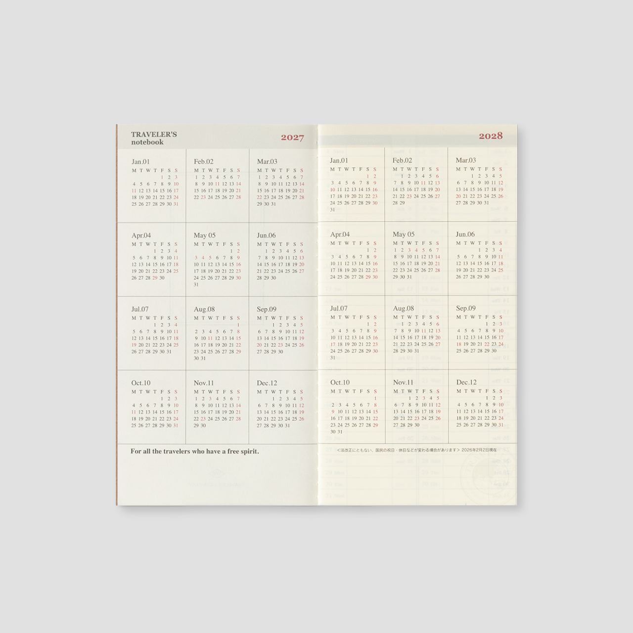 Traveler's Notebook Regular 2027 Wochenkalender vertikal